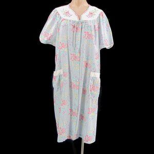 Sears Vintage Carriage Court Blue Floral Housecoat Robe L Lace Pockets Snaps